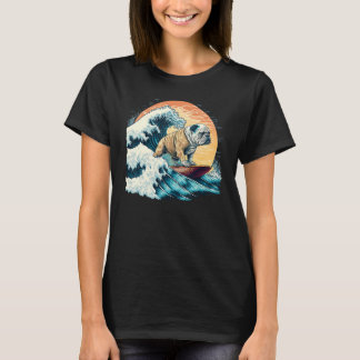 T-shirt English Bulldog Surfing On the Great Wave of Kanag