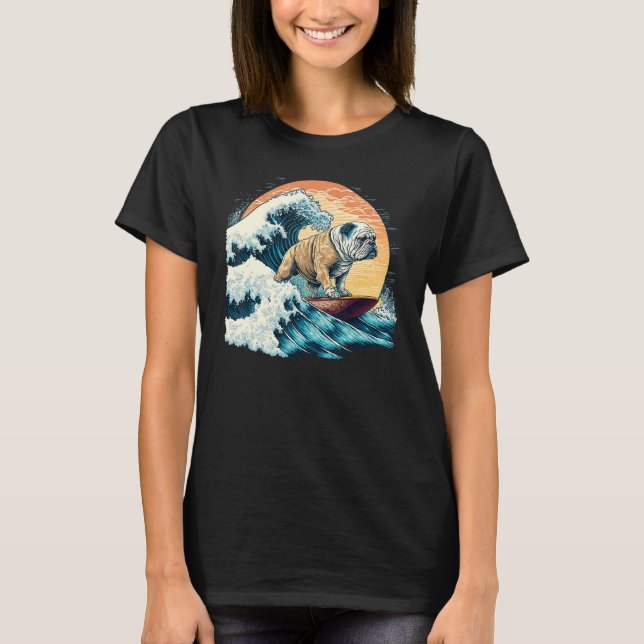 T-shirt English Bulldog Surfing On the Great Wave of Kanag (Devant)