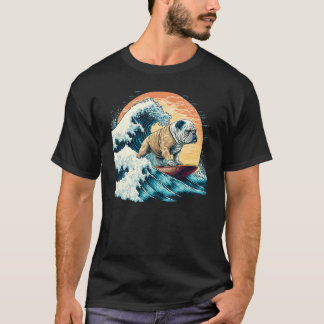 T-shirt English Bulldog Surfing On the Great Wave of Kanag