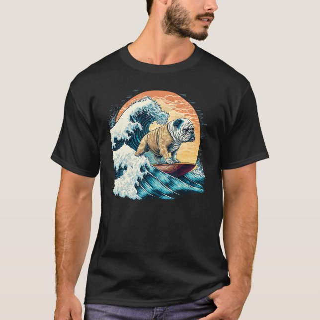 T-shirt English Bulldog Surfing On the Great Wave of Kanag (Devant)