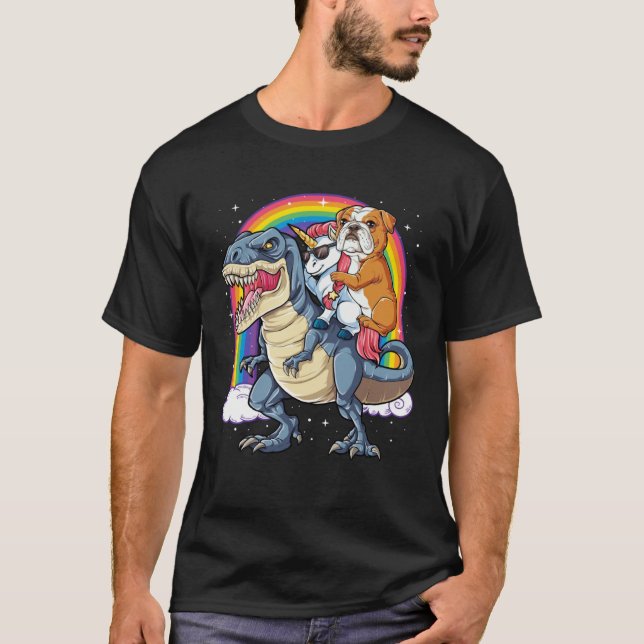 T-shirt English Bulldog Unicorn Riding Dinosaur rex  Men W (Devant)