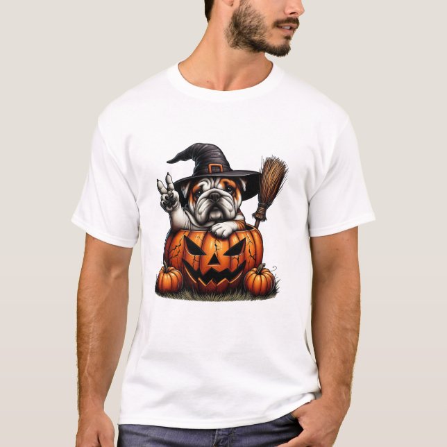 T-shirt English Bulldog Witch Pumpkin (Devant)