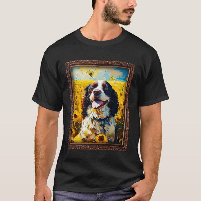 T-shirt English Springer Spaniel Painting Sunflower Flower (Devant)