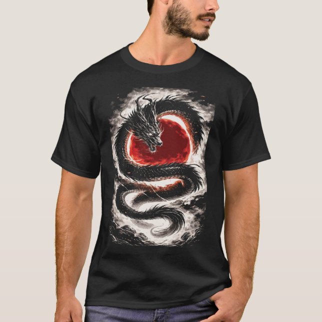T-shirt Enroulement de dragon sur une éclipse rouge - Art  (Devant)