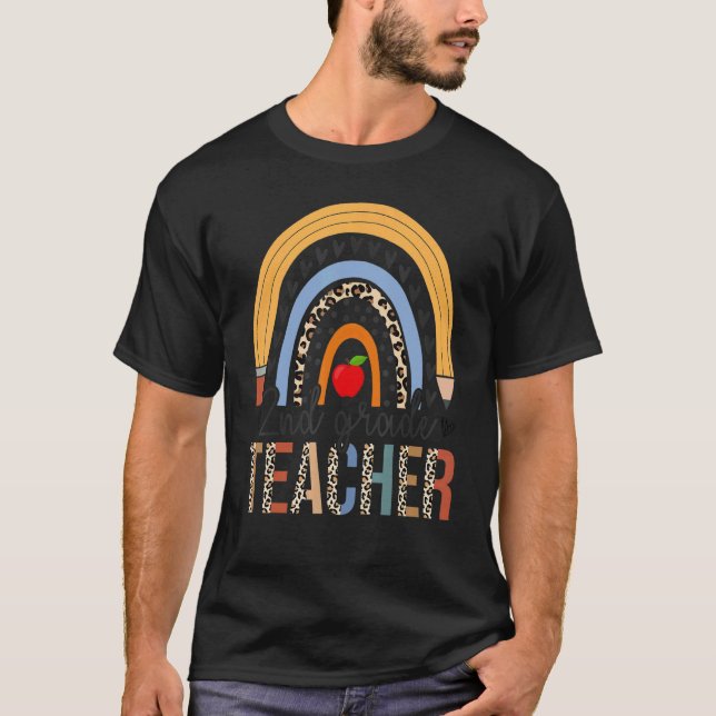 T-shirt Enseignant de 2e année Léopard Boho Arc-en-ciel Re (Devant)