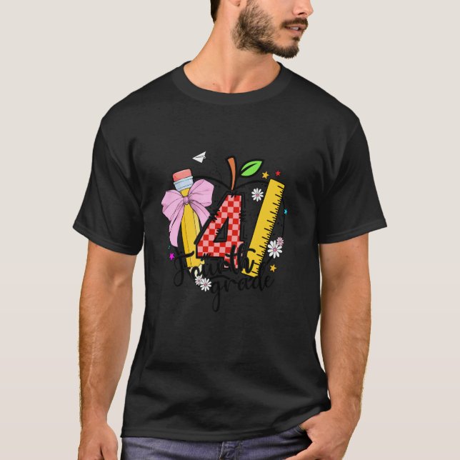 T-shirt Enseignant de 4e année Apple Coquette Bow Pencil R (Devant)