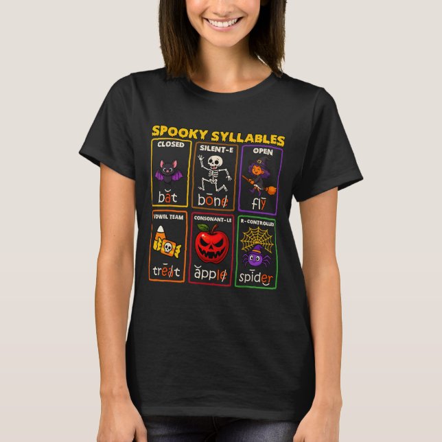 T-shirt Enseignant de lecture Halloween Syllabes Sombres  (Devant)