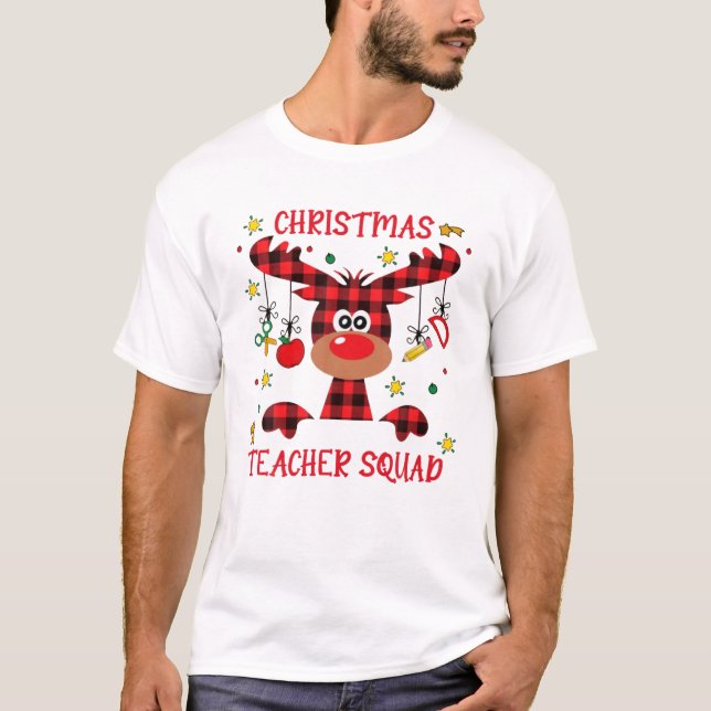 T-shirt Enseignant de Noël Squad mignonne Red Plaid Reinde (Devant)