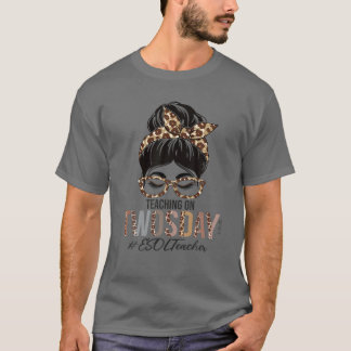 T-shirt Enseignant ESOL Messy Bun Leopard Enseignement Jeu