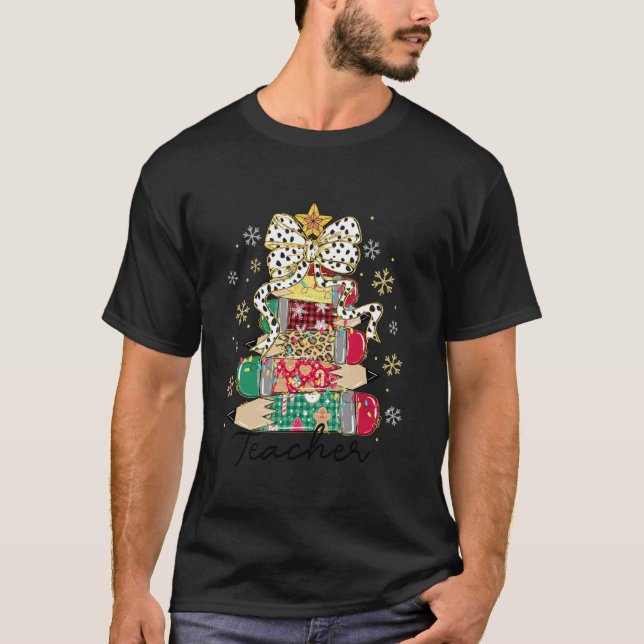 T-shirt Enseignant Noël Arbre Pencils École Coquette Bow (Devant)
