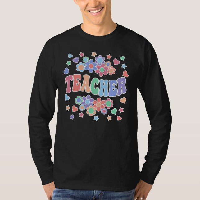 T-shirt ENSEIGNANT-Super rétro, Fleurs, Coeurs, Étoiles (Devant)