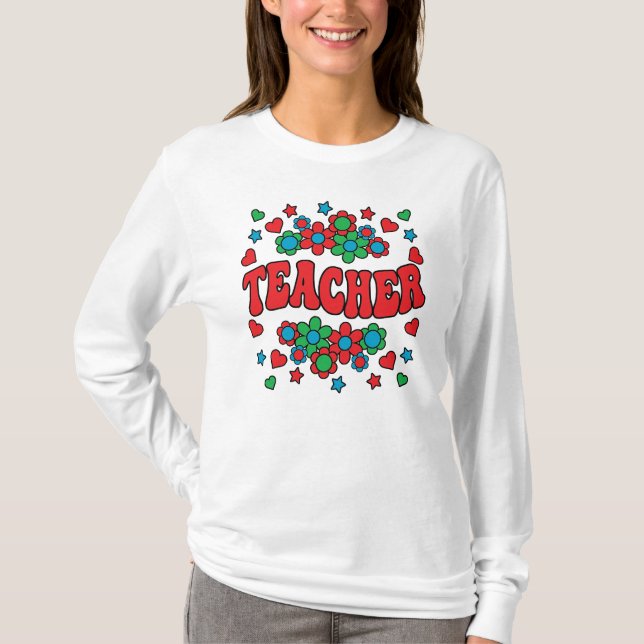 T-shirt ENSEIGNANT-Super rétro, Fleurs, Coeurs, Étoiles (Devant)