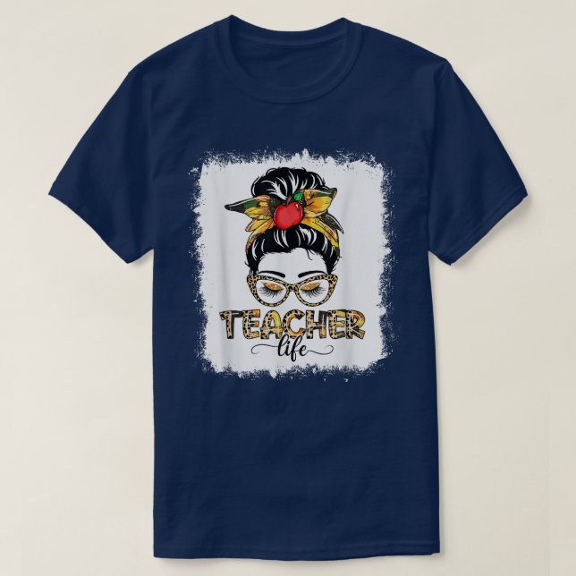 T-shirt Enseignant Vie Messy Bun Femmes Tournesol Leopard  (Design devant)