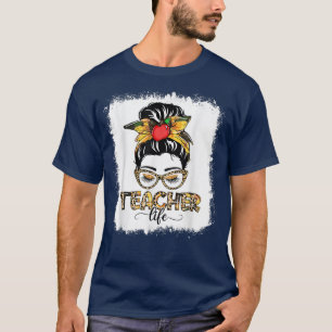 T-shirt Enseignant Vie Messy Bun Femmes Tournesol Leopard