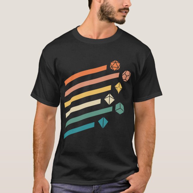 T-shirt Ensemble de dés polyédriques arc-en-ciel rétro Col (Devant)