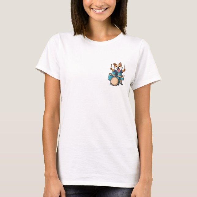 T-shirt Enthusiastic Corgi Dog Drummer Playing Blue Drum (Devant)