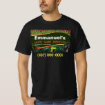 T-shirt Entrepôt de pelouse Aménagement de l'herbe Coupe T<br><div class="desc">Marquez votre entreprise d'aménagement paysager de pelouse avec ces t-shirts verts. Customisez en ajoutant vos propres informations si nécessaire. Les oeuvres d'art incluses sur cette chemise sont la tondeuse à gazon,  le râteau de cour,  le souffleur de feuilles et les coupe-bordure de haie.</div>