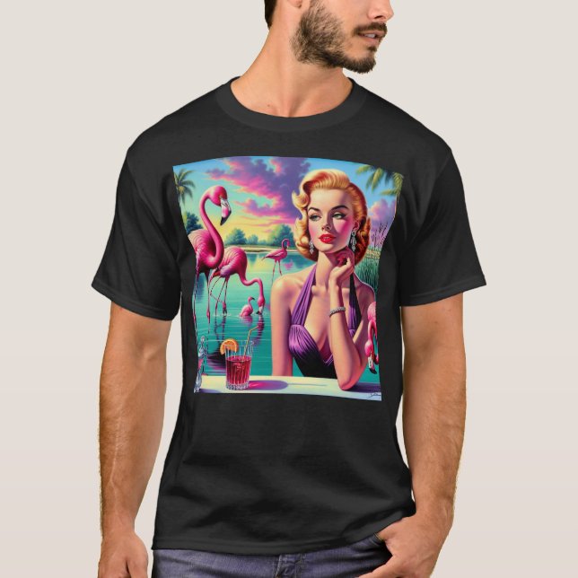 T-shirt Épinglette flamant rétro pin-up (Devant)