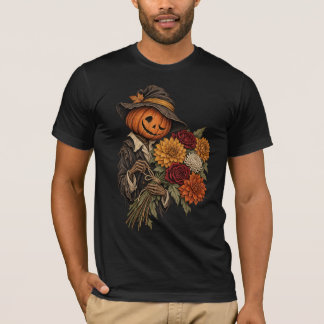 T-shirt Épouvantail Citrouille Vintage avec Fleurs d'Autom