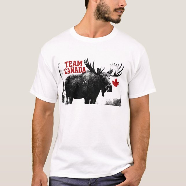 T-shirt ÉQUIPE CANADA. Feuille d'érable. Orignal canadien. (Devant)