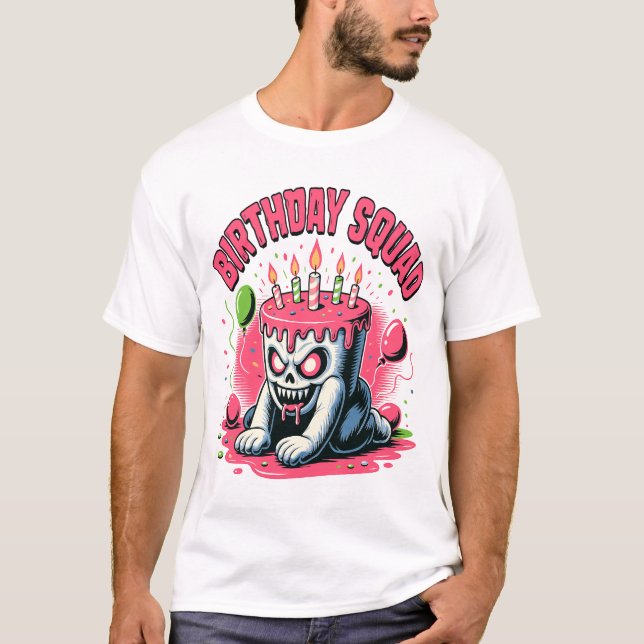 T-shirt Équipe d'anniversaire crâne de gâteau effrayant (Devant)