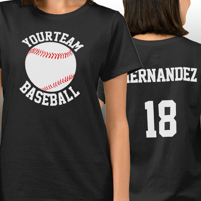 T-shirt Équipe de baseball, Nom du joueur et nombre de fem (Custom baseball team shirts with personalized team name, player name and player number.)