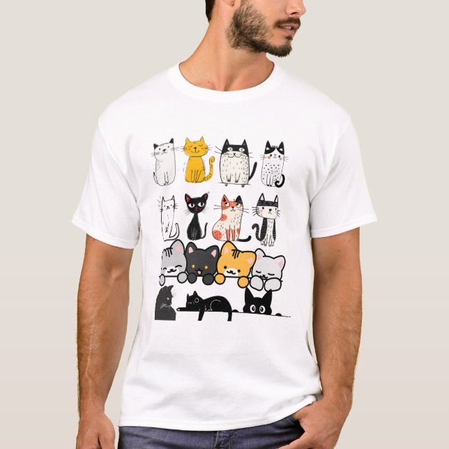 T-shirt Équipe de chats illustrés mignons sur fond noir (Devant)