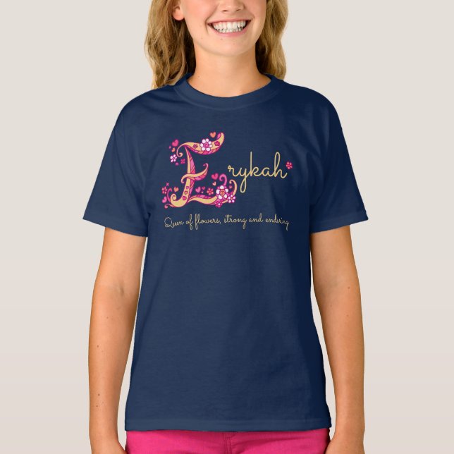 T-shirt Erykah filles nom signifiant E monogramme coeurs (Devant)