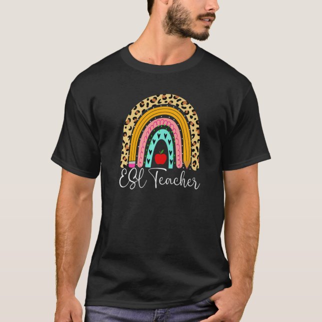 T-shirt Esl Enseignant Leopard Rainbow Retour À L'École An (Devant)