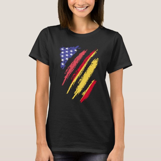 T-shirt Espagnol-Américain Patriot Cultivé Coeur Drapeaux (Devant)