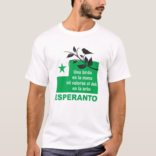 T-shirt Esperanto / "Unu birdo en la mano pli valoras...", (Devant)