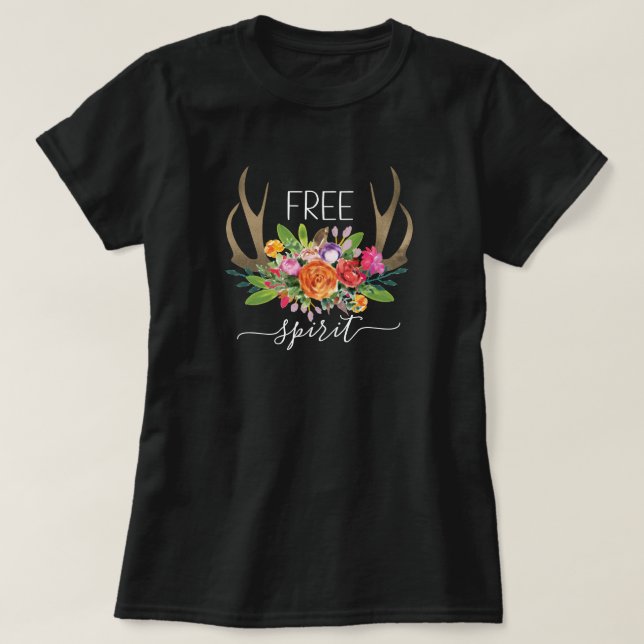 T-shirt Esprit Libre Moderne Boho Chic Fleurs Bois de Cerf (Design devant)
