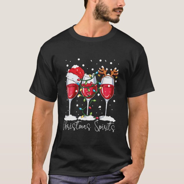 T-shirt Esprits De Noël Drôle Lunettes De Vin Santa Chapea (Devant)