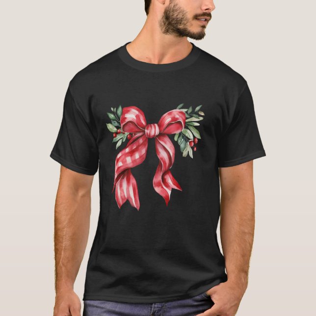 T-shirt Esthétique Noël Floral Rouge Plaid Bow Mistletoe (Devant)