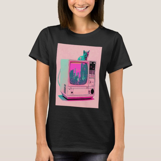 T-shirt Esthétique Vaperwave Chat Glitch Retrowave Synthwa (Devant)