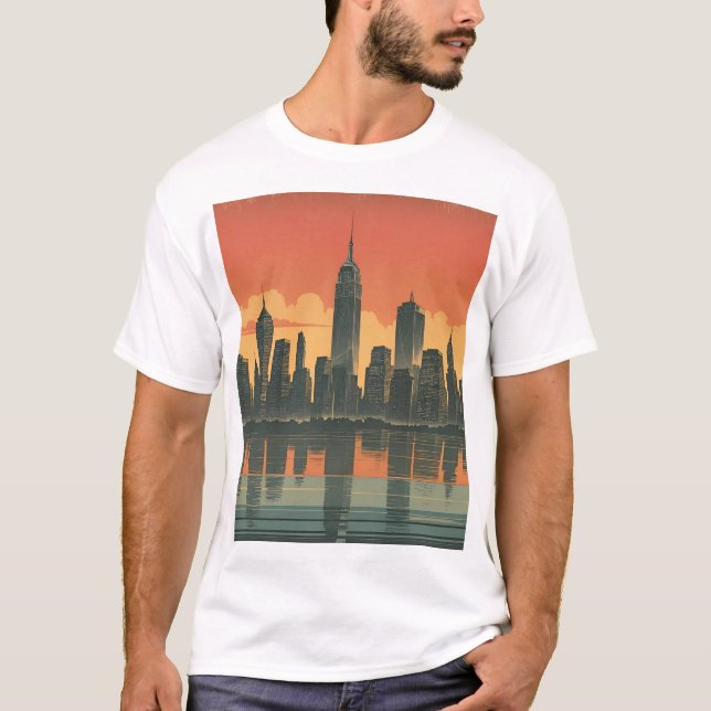 T-shirt État d'esprit de New York - Retro Skyline Art Impr (Devant)