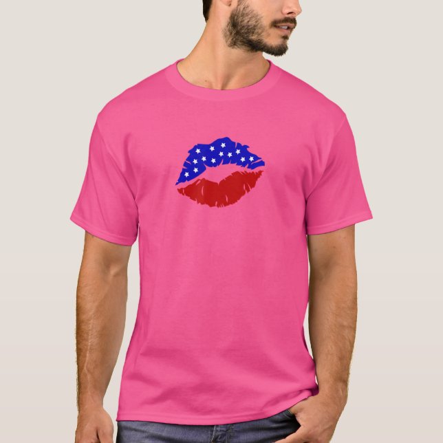 T-shirt États-Unis Drapeau bleu et rouge lèvres (Devant)