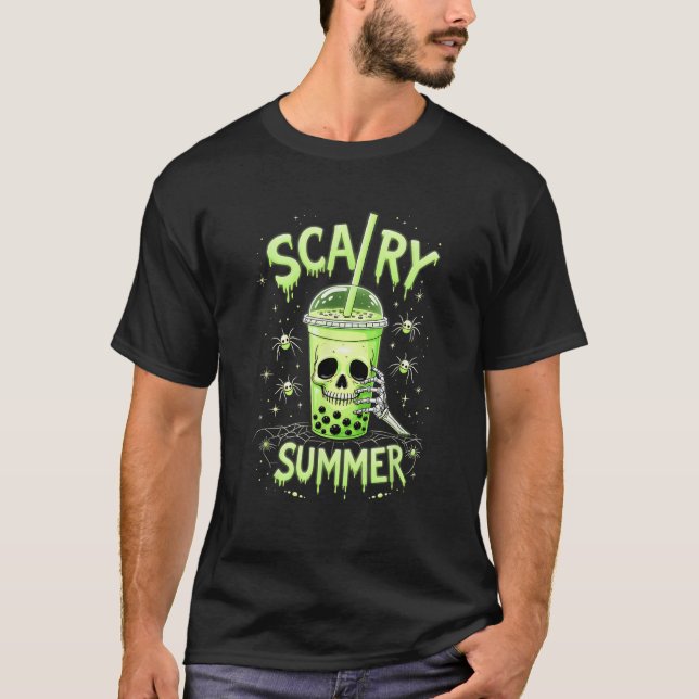T-shirt Eté Effrayant Boba Crâne Vert Bubble Thé Éffrayant (Devant)