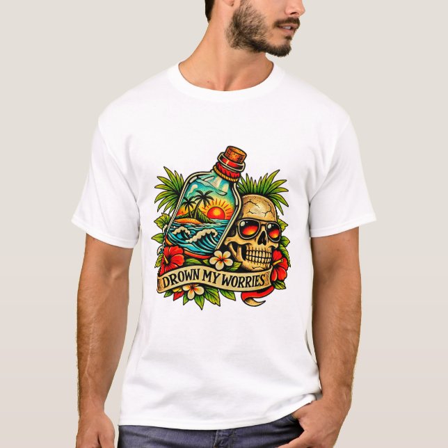 T-shirt Été Rétro Crâne Message dans une Bouteille Plage (Devant)