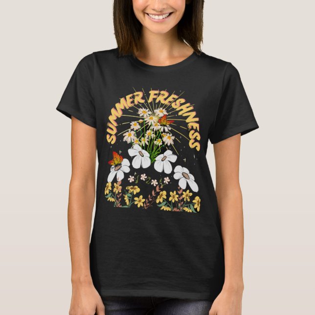 T-shirt Été sauvage Blanc Jaune Fleurs Rétro Boho (Devant)