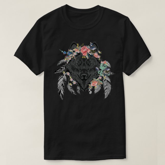 T-shirt Ethnic Tribal Wolf Head Boho Feather Native Americ (Design devant)