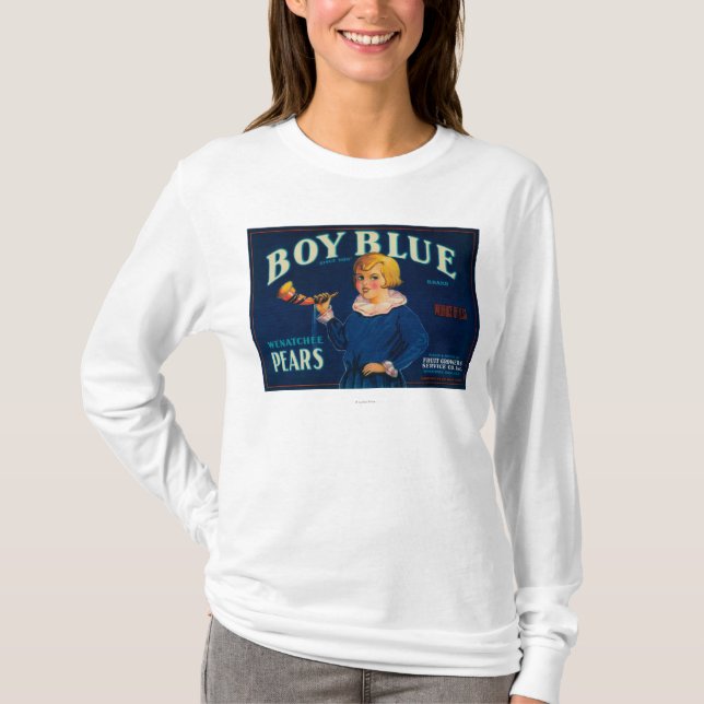T-shirt Étiquette bleu de caisse de poire de garçon (Devant)