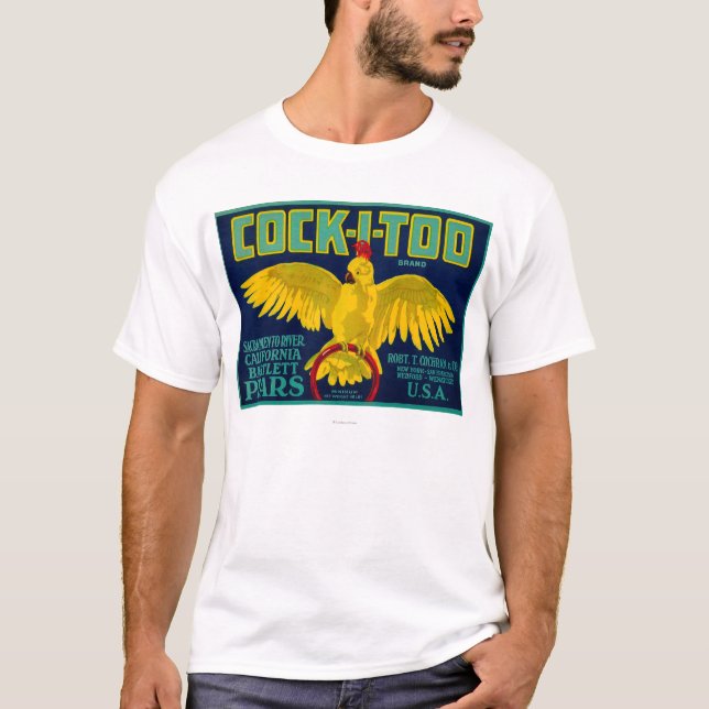 T-shirt Étiquette de caisse de poire de Coq-Je-trop (Devant)