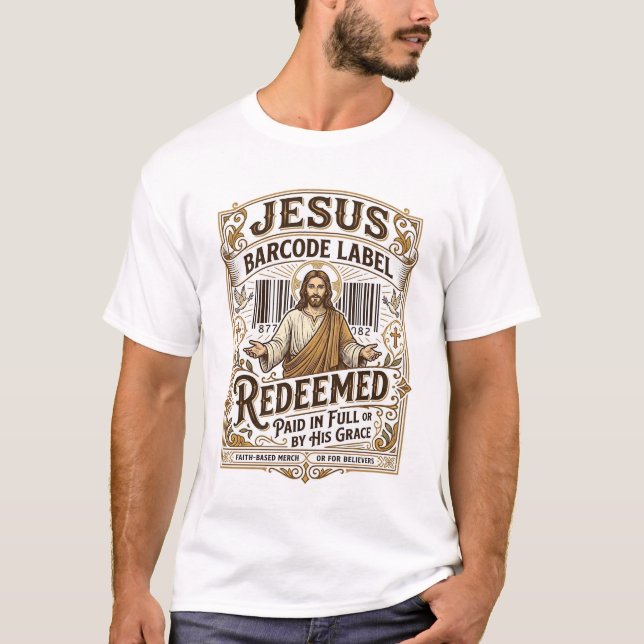 T-shirt étiquette de code-barres Jésus Rachetée Jésus code (Devant)