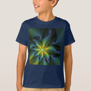 T-shirt Étoile abstraite, art fractal doré bleu vert brill