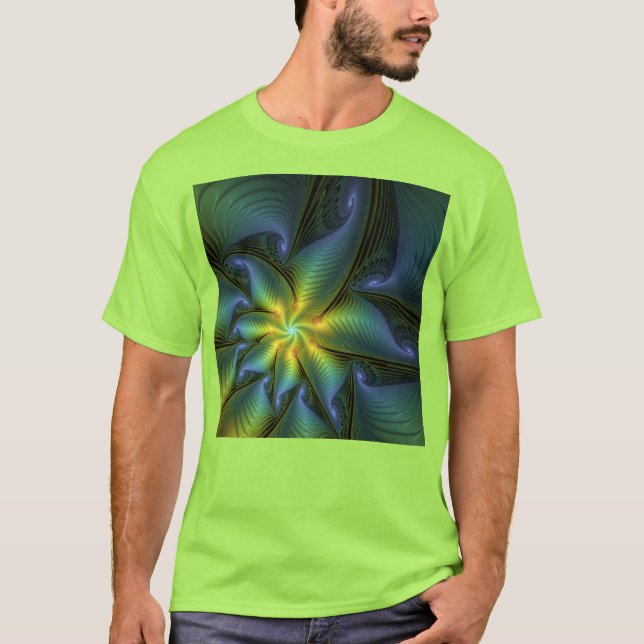 T-shirt Etoile Abstraite, Bleu brillant Vert Or Fractal Ar (Devant)