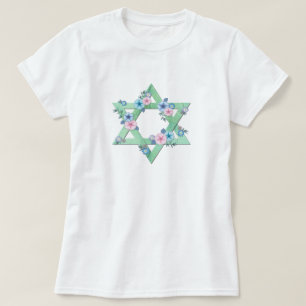 T-shirt Etoile de David en vert clair avec fleurs pastel