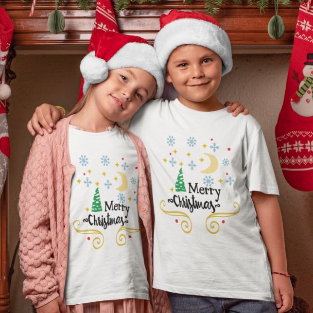 T-shirt Étoiles, lune, flocons de neige et Joyeux enfants  (Stars, Moon, Snowflakes, and Merry Christmas Kids T-Shirt)