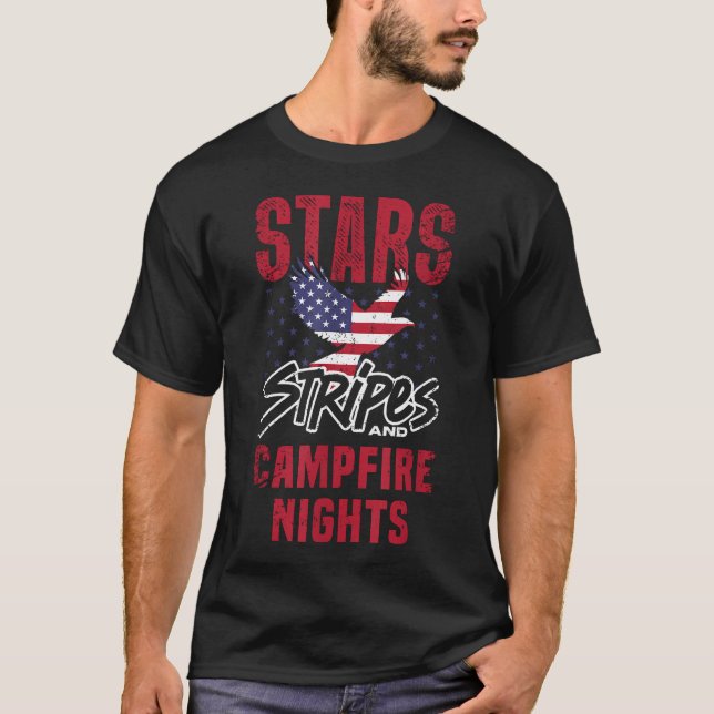 T-shirt Étoiles Rustiques Rayures Et Feu De Camp D'été (Devant)