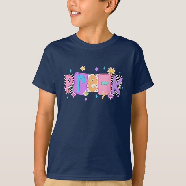 T-shirt Étudiant pré-K À damiers fleurs (Devant)